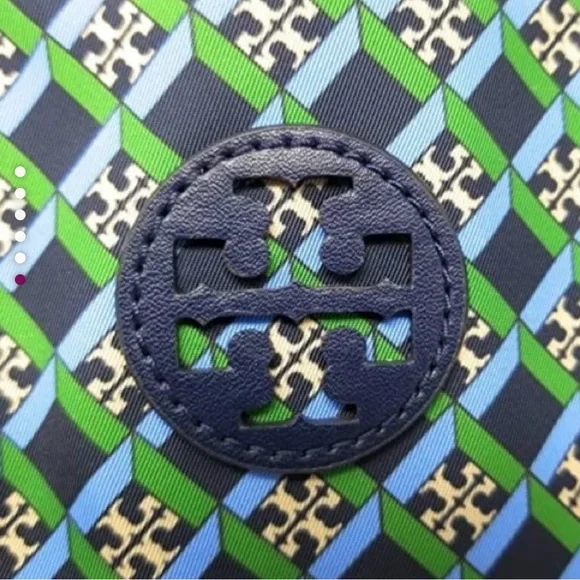 Tory Burch Women’s Ella Nylon Printed Tote Multi Geo logo Bag Navy Green - Picture 5 of 5